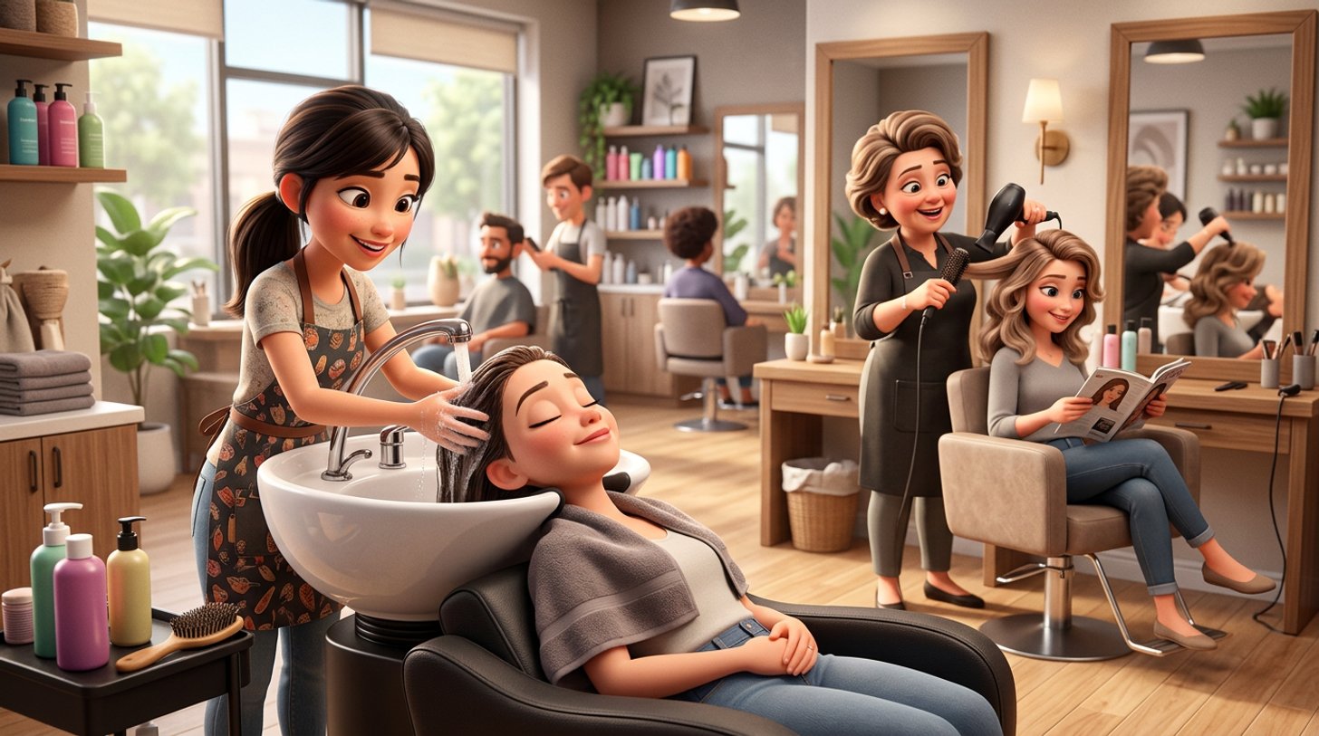 Illustration d'une jeune étudiante jobiste faisant un shampoing au bac d'un salon de coiffure belge pendant que la gérante coiffe une cliente au fauteuil voisin
