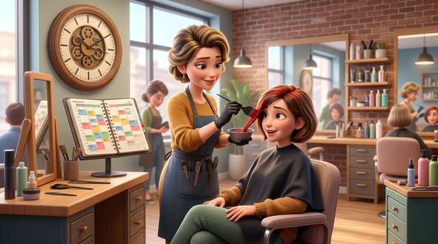Illustration einer Friseurin, die im Salon eine Farbbehandlung aufträgt, während im Hintergrund eine Wanduhr und ein gut gefüllter Terminkalender zu sehen sind