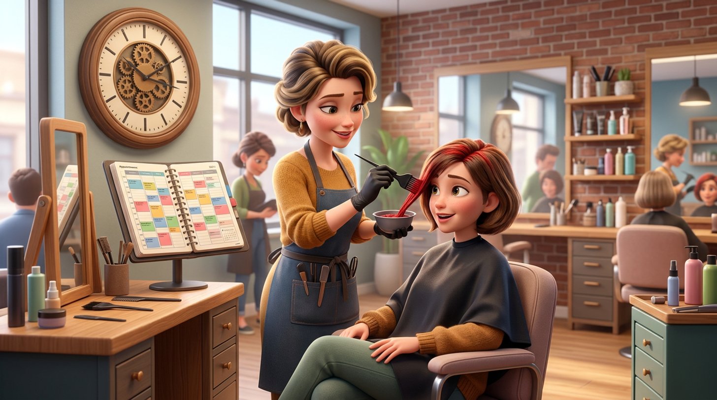 Illustration einer Friseurin, die im Salon eine Farbbehandlung aufträgt, während im Hintergrund eine Wanduhr und ein gut gefüllter Terminkalender zu sehen sind