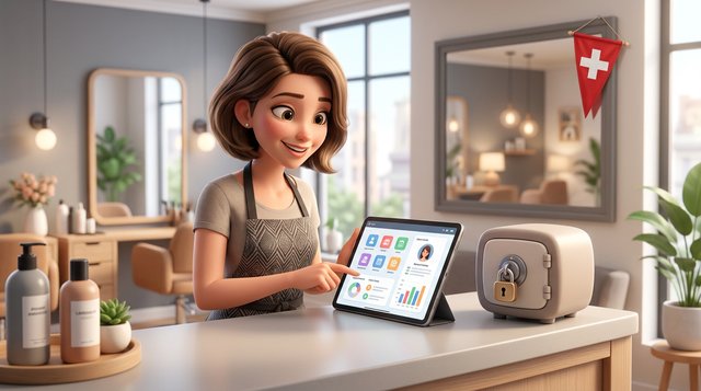 Une coiffeuse vérifie la fiche d'une cliente sur une tablette au comptoir de son salon, un petit coffre-fort stylisé posé à côté évoque la protection des données