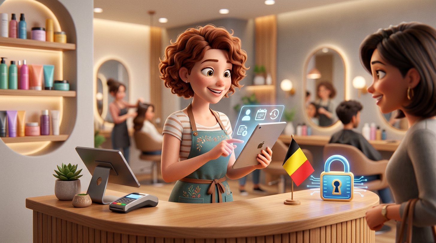 Une coiffeuse belge consulte la fiche d'une cliente sur une tablette au comptoir de son salon, avec un petit drapeau belge et un cadenas posés près de la caisse