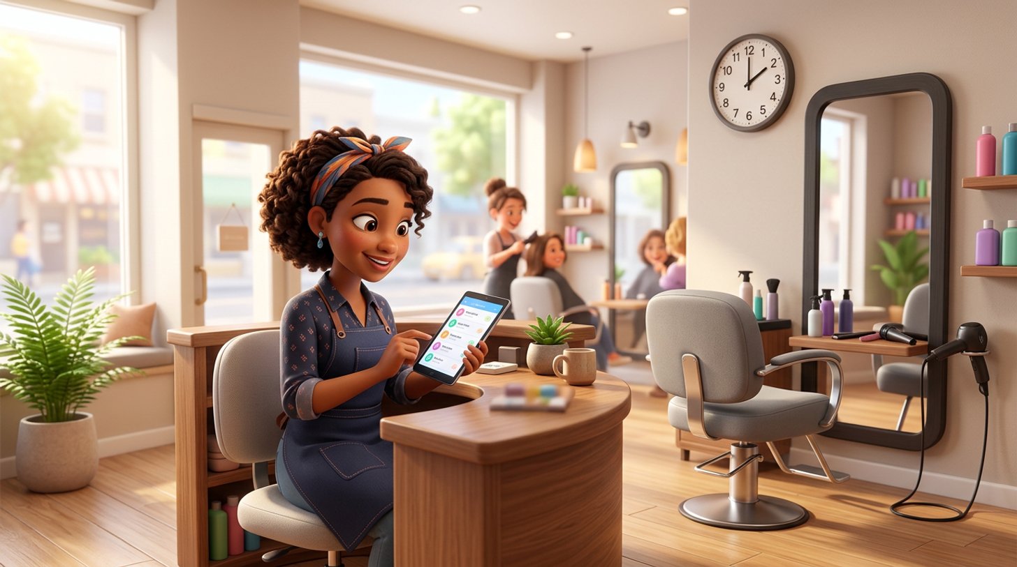 A hair salon receptionist checks a client list on a tablet beside an empty styling chair, the salon clock showing just before 2 pm