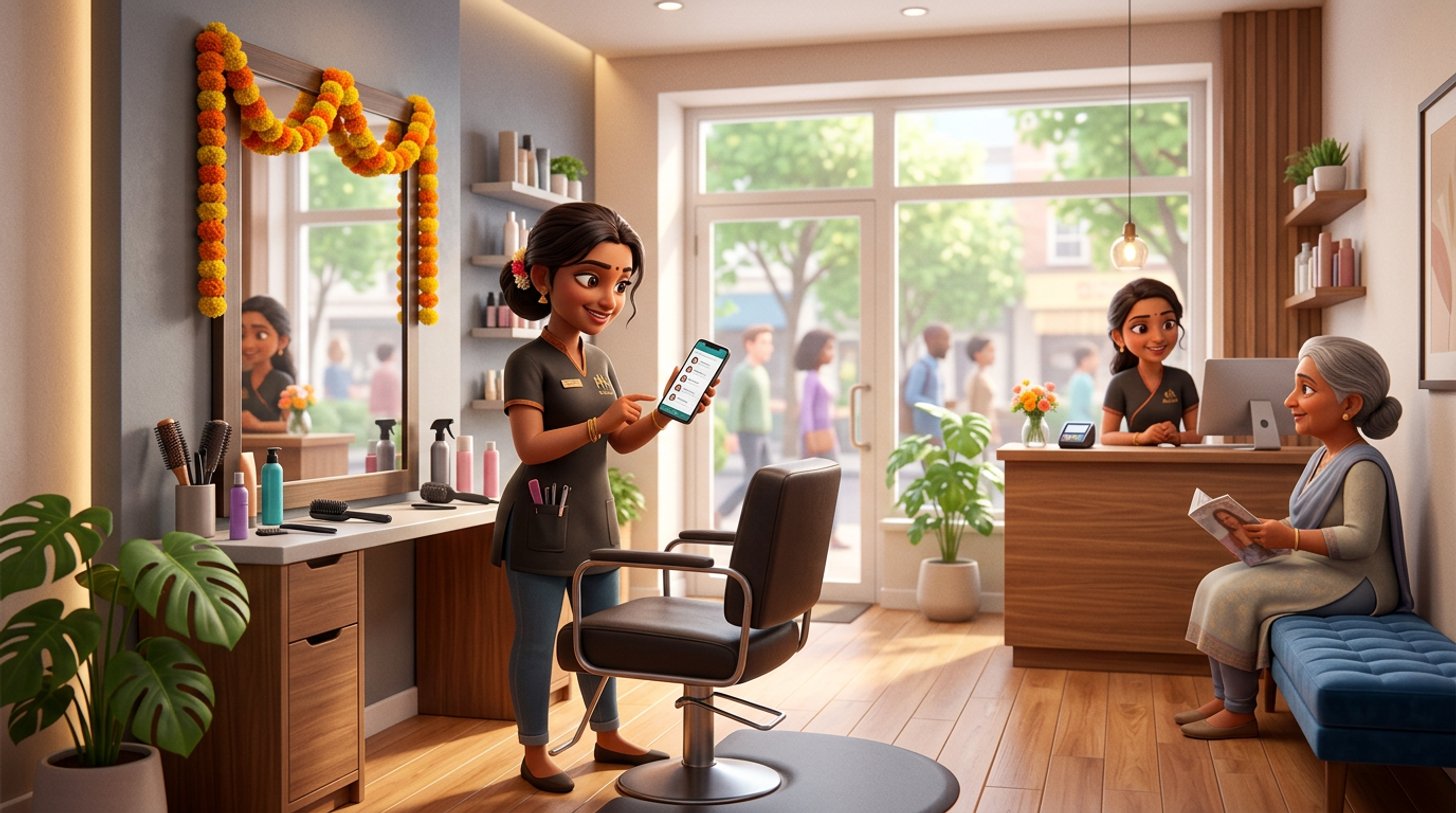A hairdresser in a bright Indian salon checks a list of client names on her phone beside an empty styling chair while a colleague sweeps up near the waiting bench