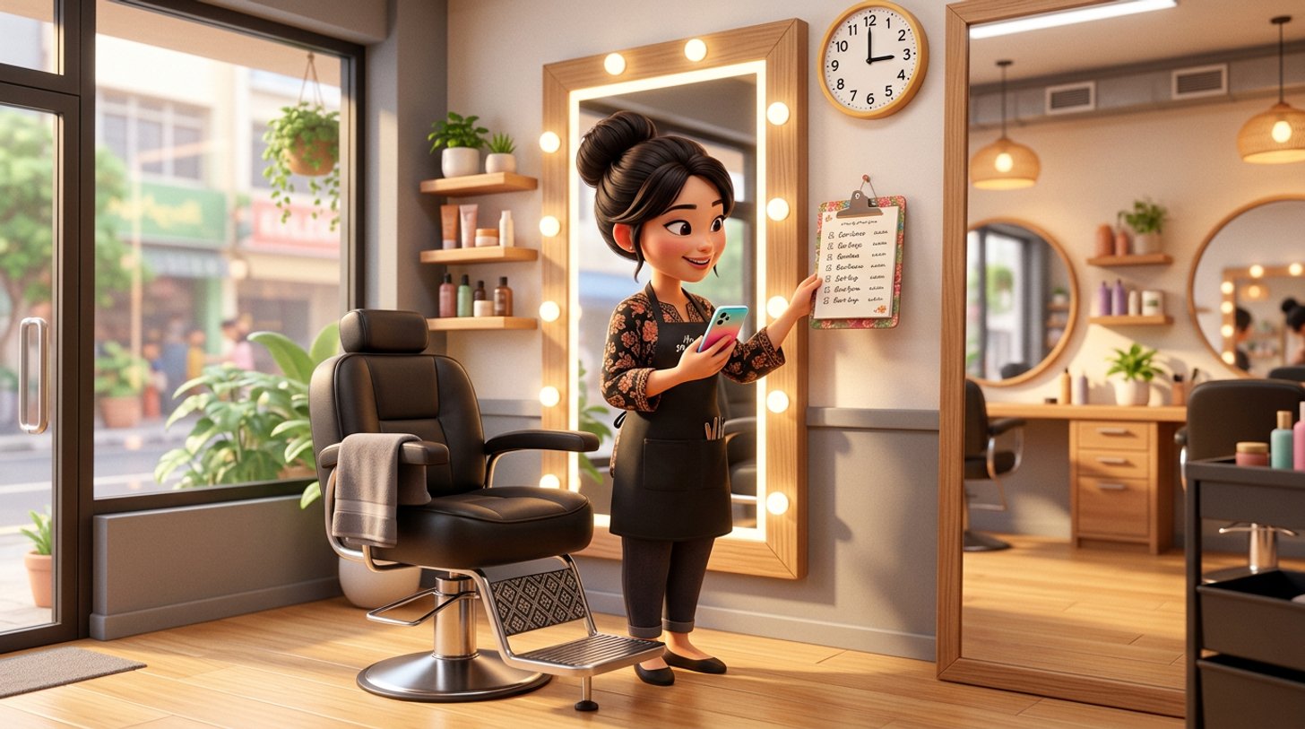 A Malaysian hairdresser checks a pinned list of client names on her phone beside an empty styling chair in a bright shoplot salon, the wall clock showing three o'clock