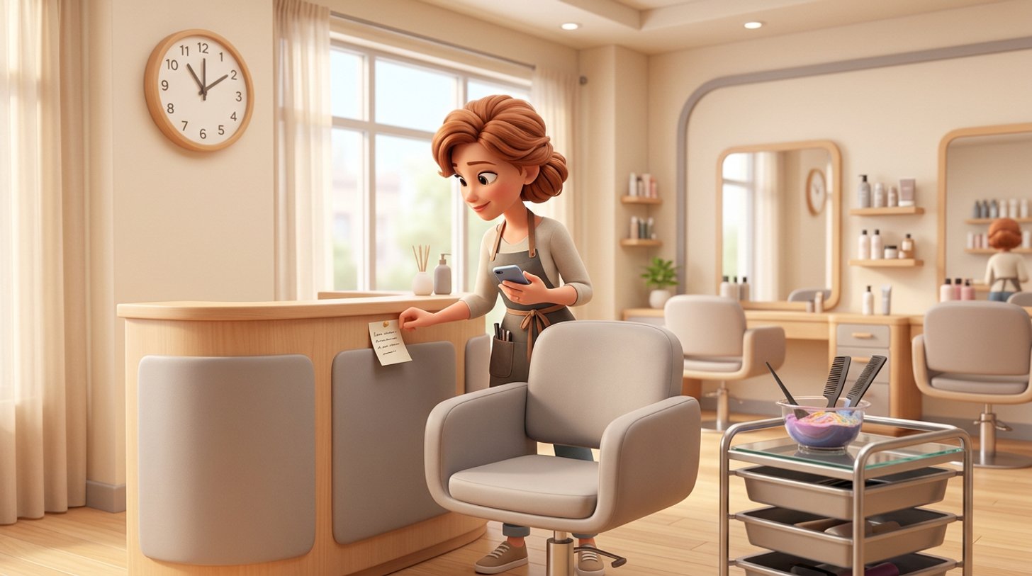 A hairdresser reads a pinned note of client names next to an empty styling chair while holding her phone, the salon clock showing late morning