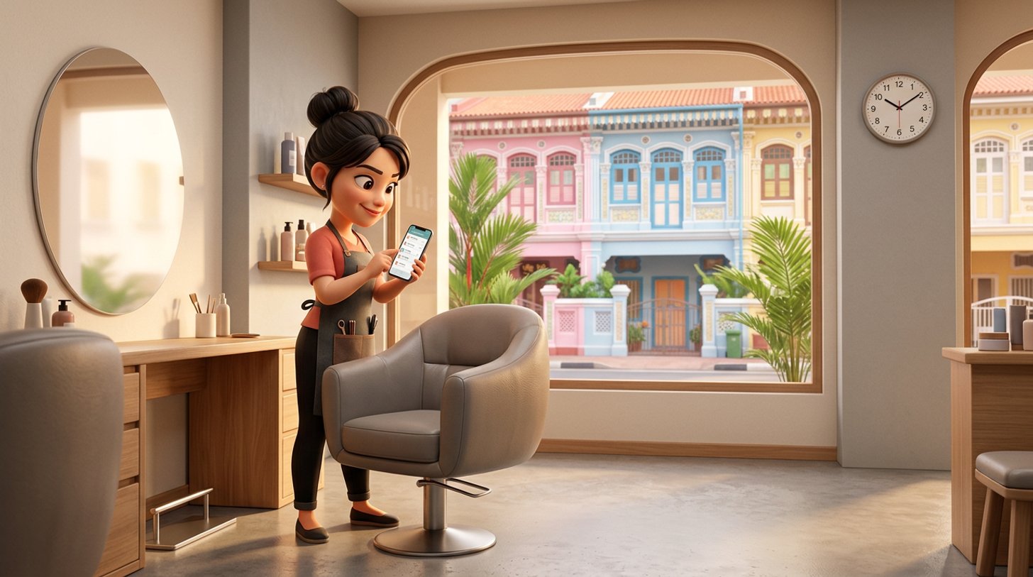 A hairdresser checks a list of client names on her phone beside an empty styling chair in a bright Singapore salon, a shopping street visible through the window