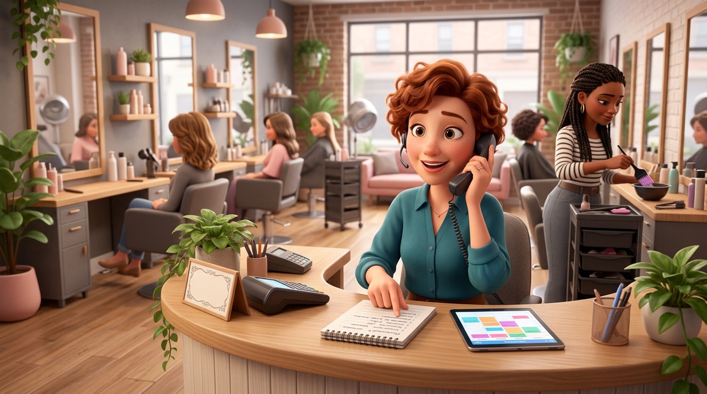 A hair salon receptionist on the phone checks a handwritten cancellation list next to a tablet calendar showing an open 2 pm slot