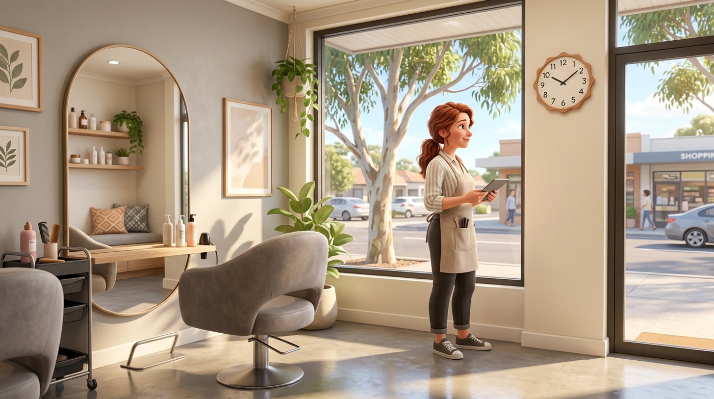 A hairdresser checks the wall clock in her bright, calm Australian salon on a sunny weekday morning, an empty styling chair in the foreground and a gum-tree-lined shopping strip through the window