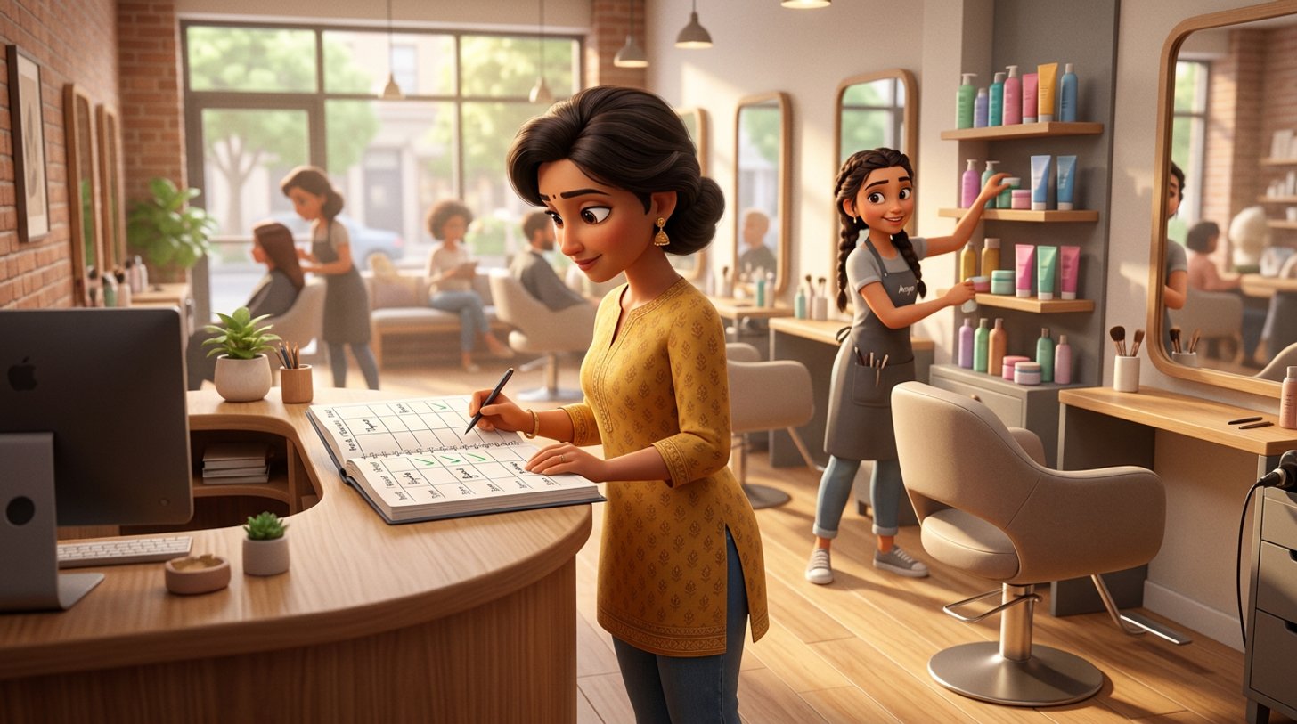 An Indian hair salon owner at her reception counter studies a weekly planner with empty mid-afternoon slots, an empty styling chair beside her in the bright salon