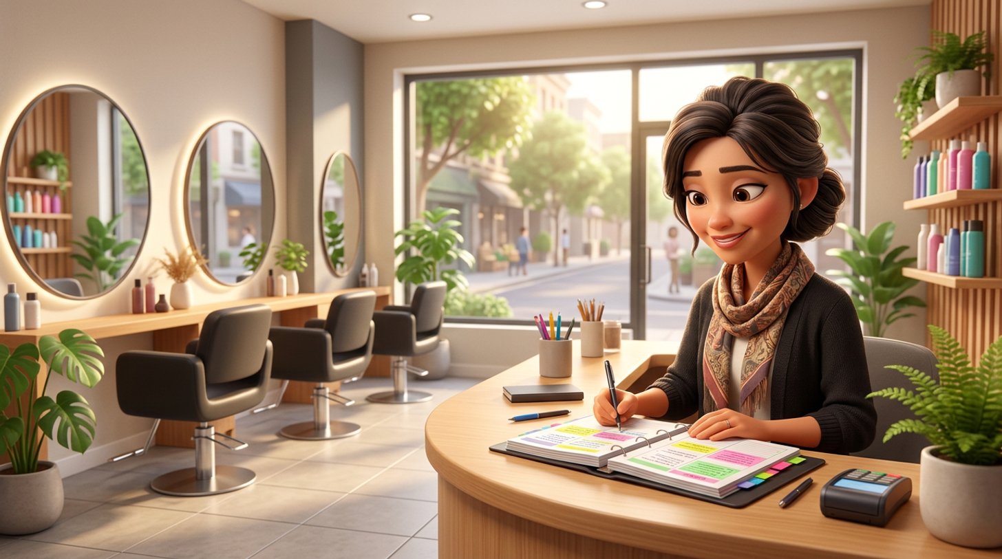 A Malaysian hair salon owner reviews a colour-coded weekly planner at the reception desk of a sunlit shoplot salon, a row of empty styling chairs behind her on a quiet afternoon