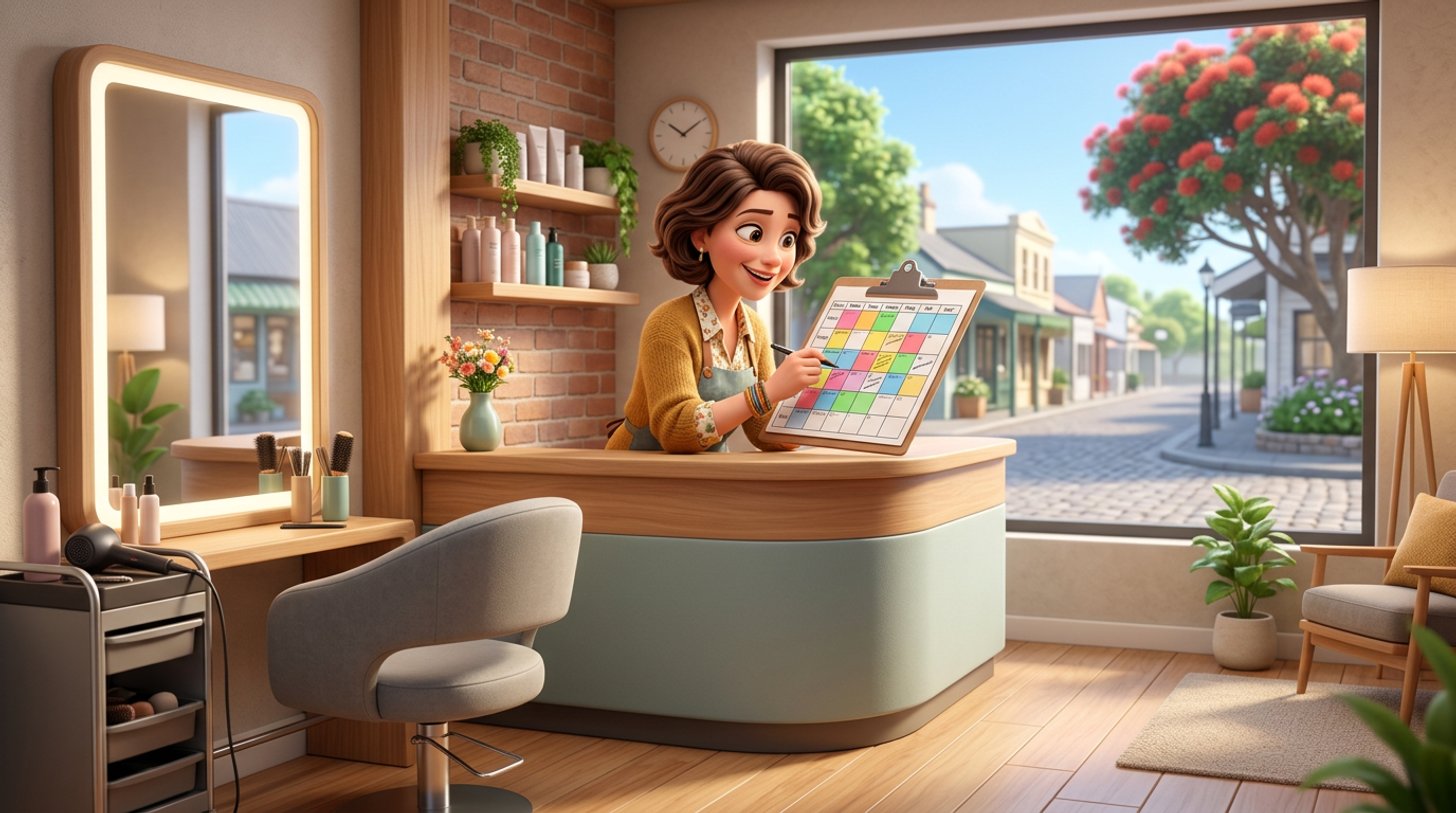 A salon owner at the reception desk of a bright New Zealand hair salon studies a colour-coded weekly planner grid on a clipboard, an empty styling chair beside her and a pohutukawa tree visible through the window