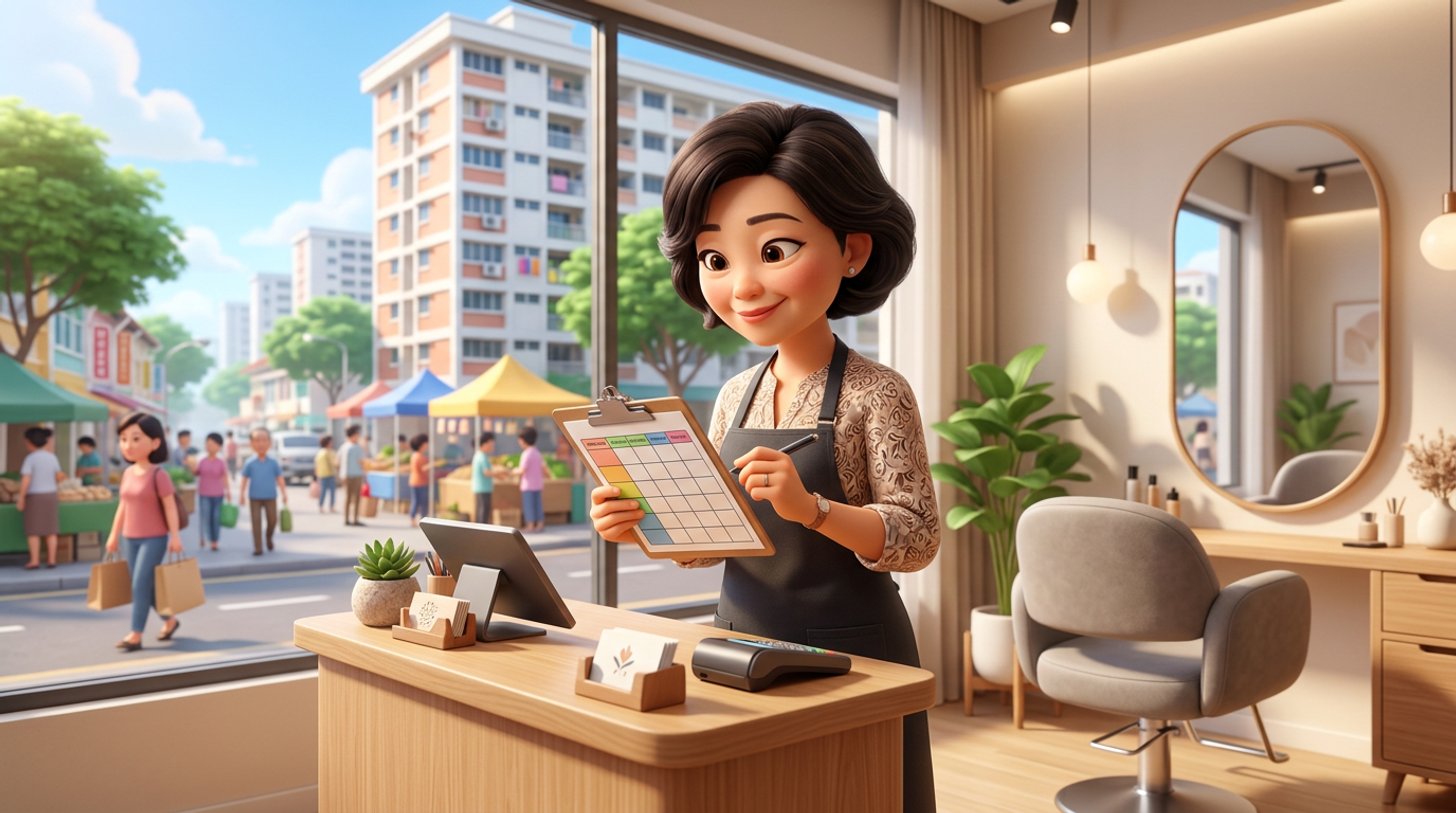 A salon owner studies a colour-coded weekly planner at the reception desk of a bright Singapore shopfront hair salon, an empty styling chair beside her and an HDB block visible through the window