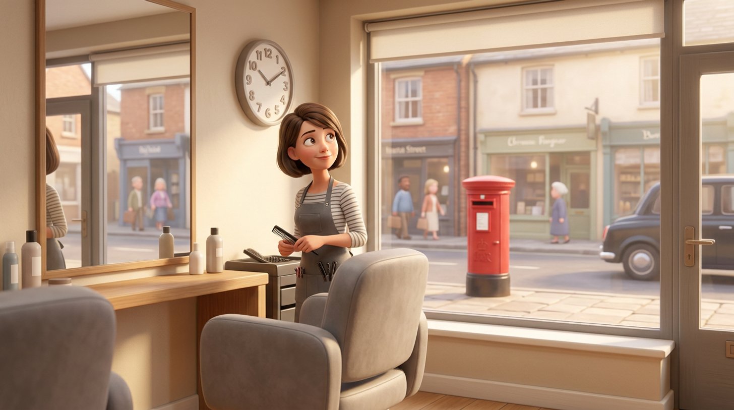 A hairdresser glances at the wall clock of her bright, calm salon on a sunny weekday morning, an empty styling chair in the foreground and a British high street through the window