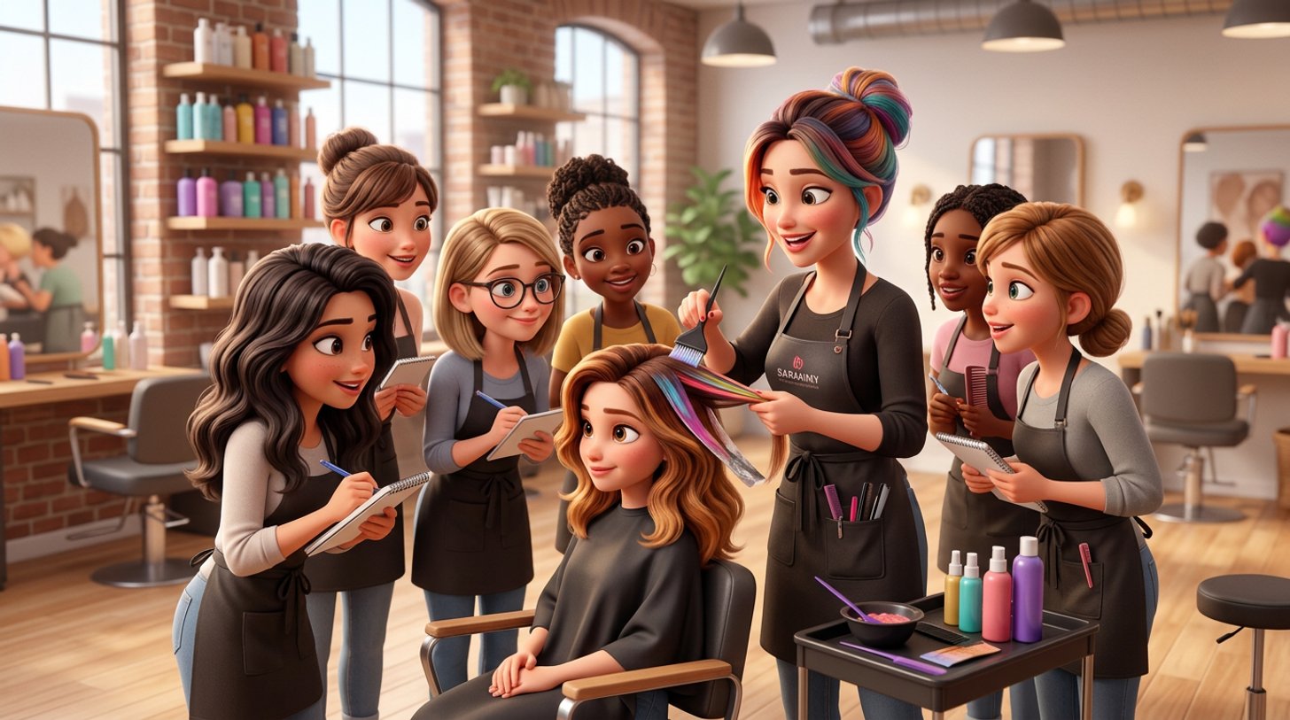 Une formatrice montre une technique de coloration à un groupe de coiffeuses attentives autour d'une tête d'exercice, dans un salon-école lumineux