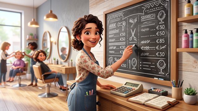 Illustration d'une propriétaire de salon de coiffure qui écrit sa nouvelle liste de prix à la craie sur un tableau noir, calculatrice et carnet posés sur le comptoir
