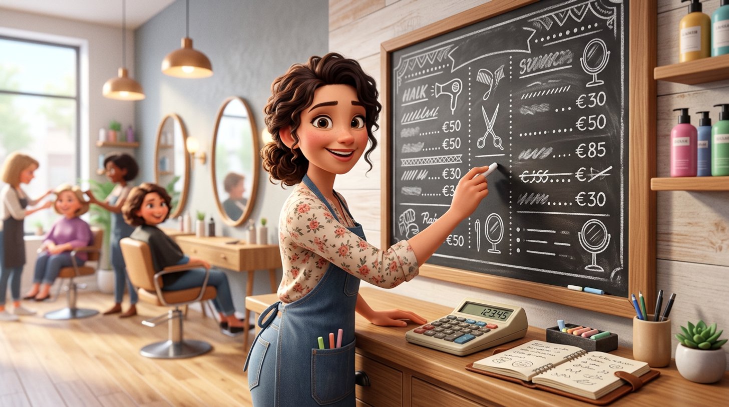 Illustration d'une propriétaire de salon de coiffure qui écrit sa nouvelle liste de prix à la craie sur un tableau noir, calculatrice et carnet posés sur le comptoir