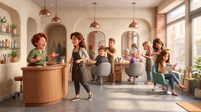 Illustration d'un salon de coiffure belge bondé un samedi matin, une coiffeuse renfort noue son tablier pendant que la gérante l'accueille au comptoir