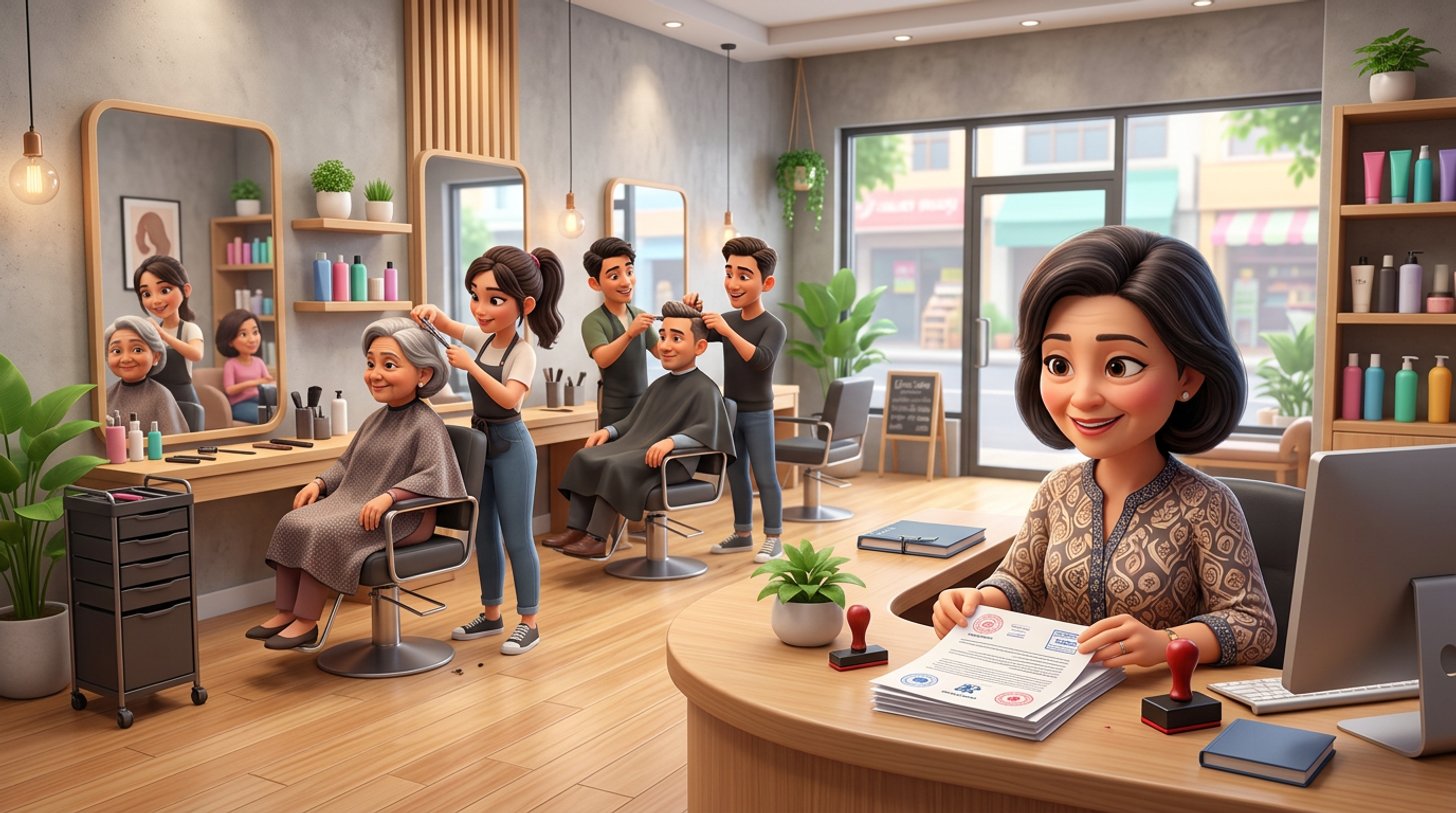 A Malaysian salon owner studies a stack of permit paperwork at her reception desk while stylists work at a row of three styling chairs behind her
