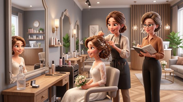 Illustration d'une coiffeuse réalisant un essai de chignon élégant sur une future mariée rayonnante, pendant que la gérante du salon de coiffure note le déroulé dans un carnet