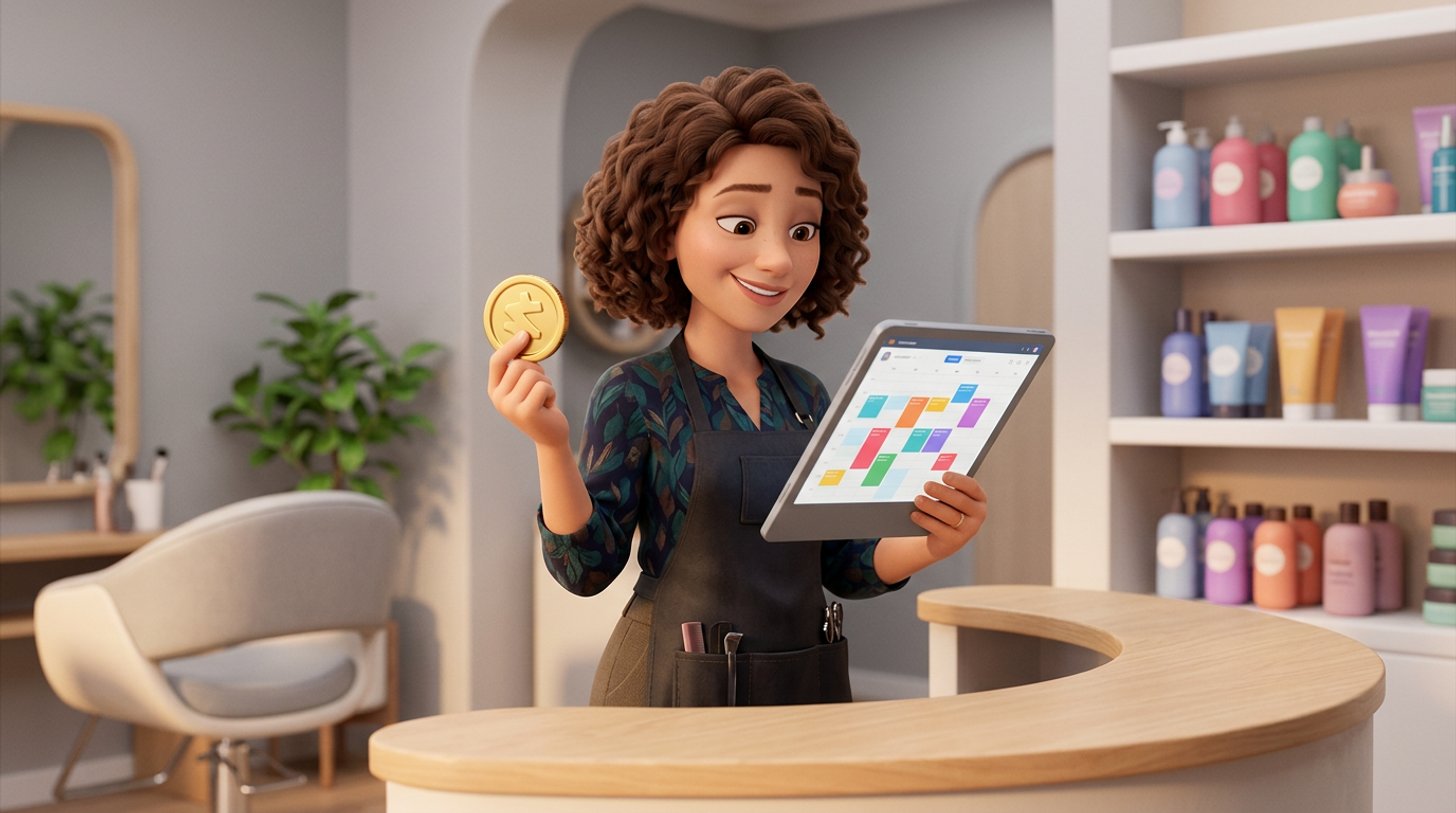 A hair salon owner at her reception desk compares a gold coin in one hand with a tablet showing a booking calendar in the other, in a bright modern Australian salon