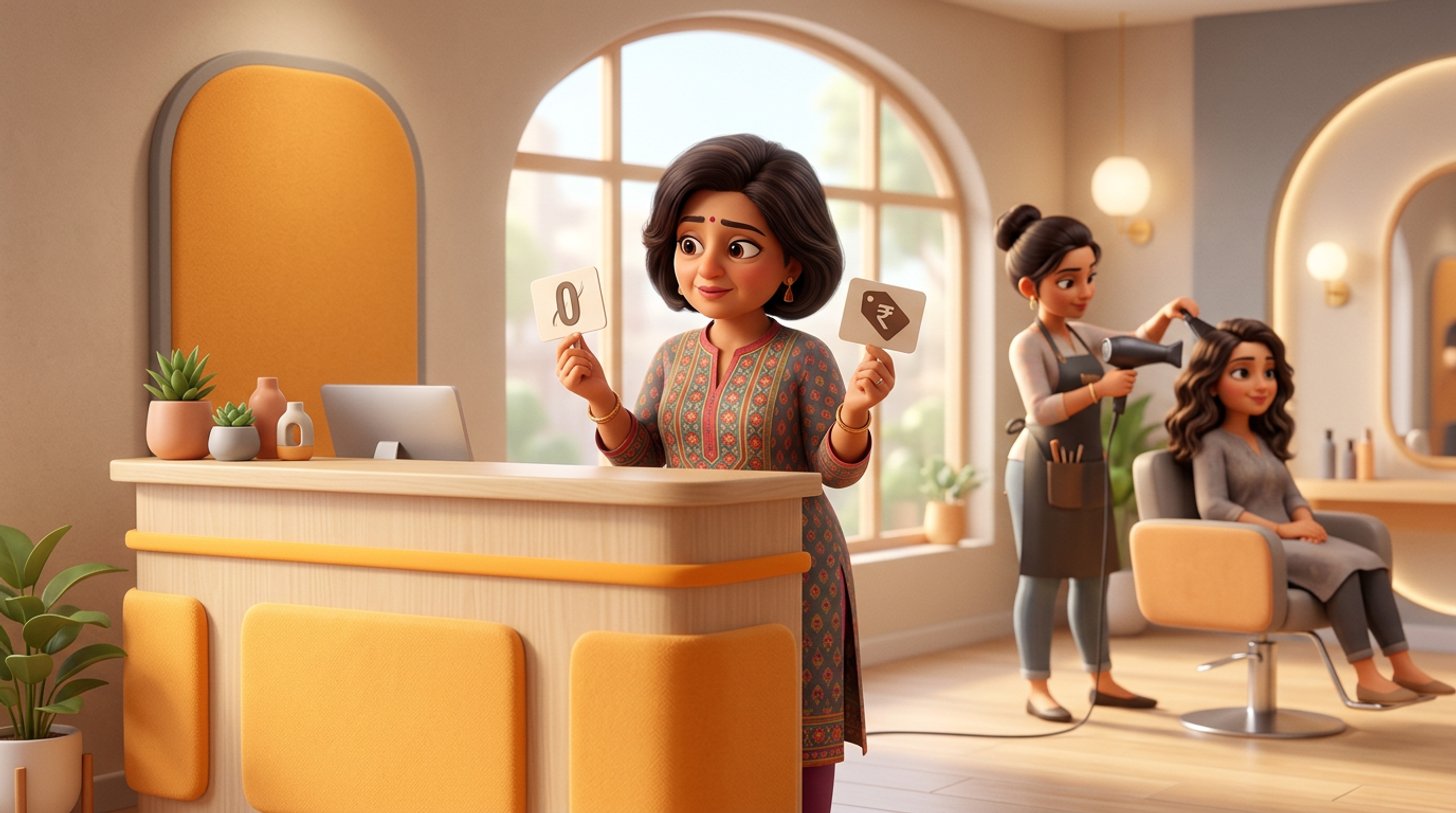 An Indian hair salon owner at her reception desk compares two signs, one reading a zero and one a price tag, while a stylist works behind her