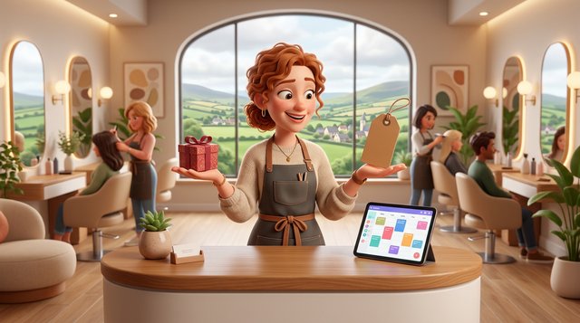 An Irish hair salon owner at her reception desk weighs a gift box in one hand against a price tag in the other, a booking calendar on the tablet beside her