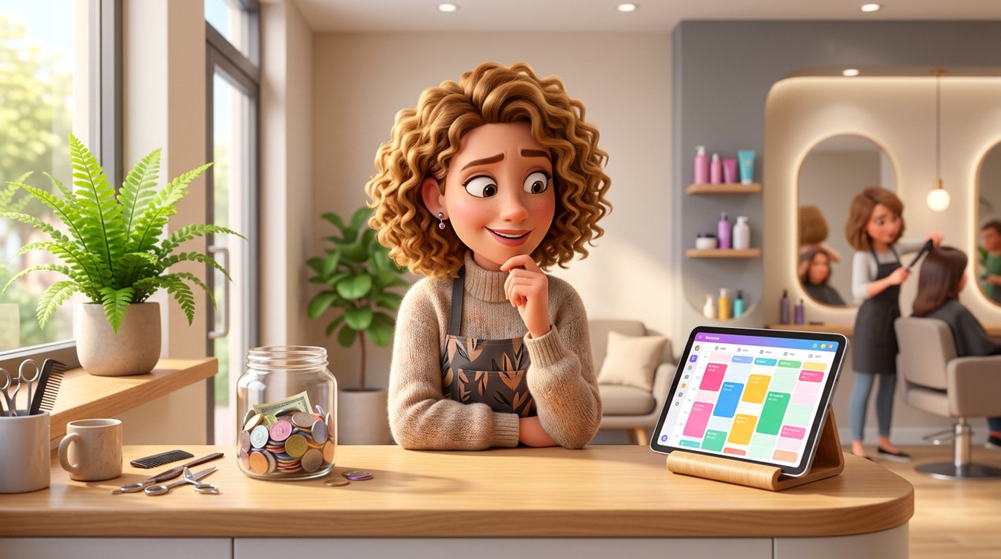 A hair salon owner at her reception desk weighs a jar of coins against a tablet showing an online booking calendar, in a bright modern New Zealand salon