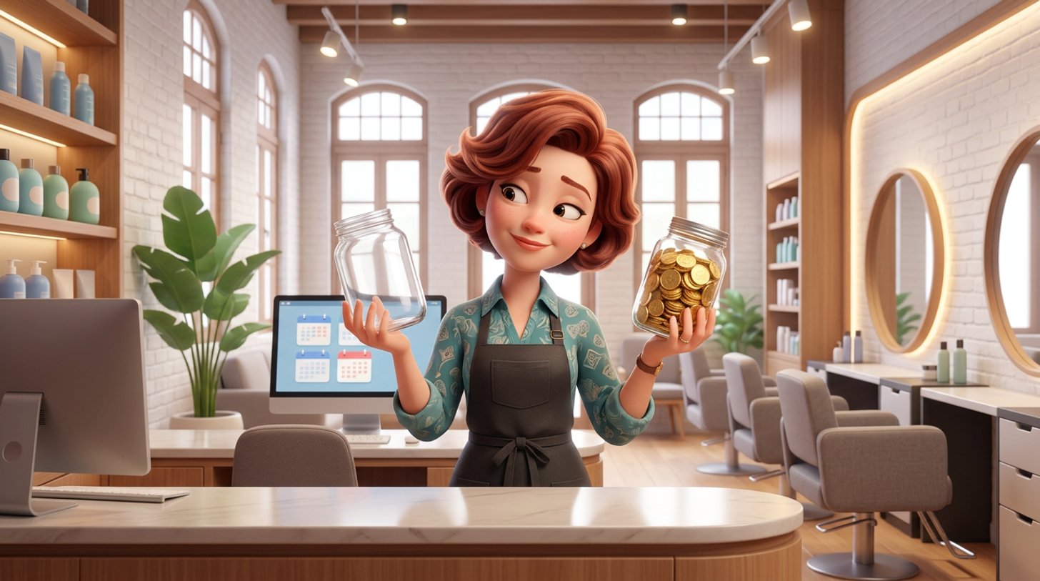 A Singapore hair salon owner at her reception counter compares two glass jars, one empty and one full of coins, while deciding on booking software