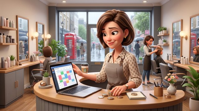 A hair salon owner at her reception desk weighs up a laptop showing a booking calendar against a stack of pound coins, a red telephone box visible through the rainy window