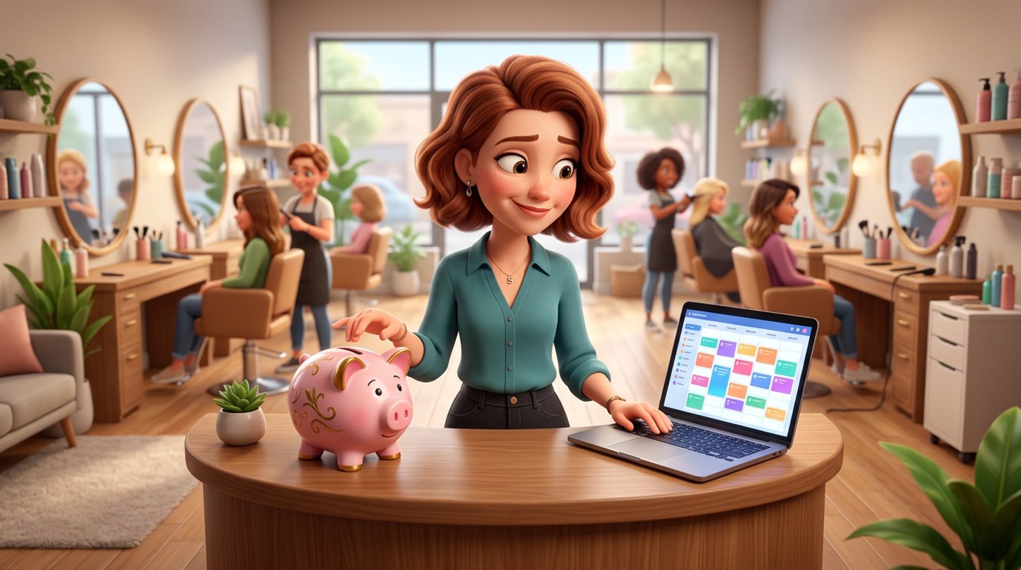 A hair salon owner at her reception desk weighing a piggy bank against a laptop showing a booking calendar, styling chairs and mirrors behind her