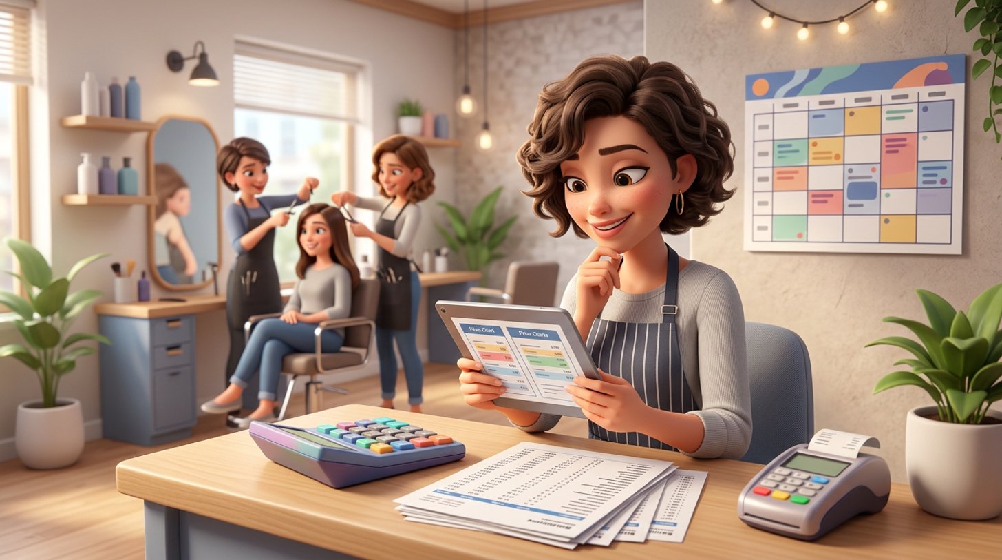 Saloninhaberin vergleicht an der Rezeption ihres Friseursalons zwei Preisübersichten von Buchungs-Apps auf einem Tablet, daneben Taschenrechner, Monatsrechnung und Kartenlesegerät