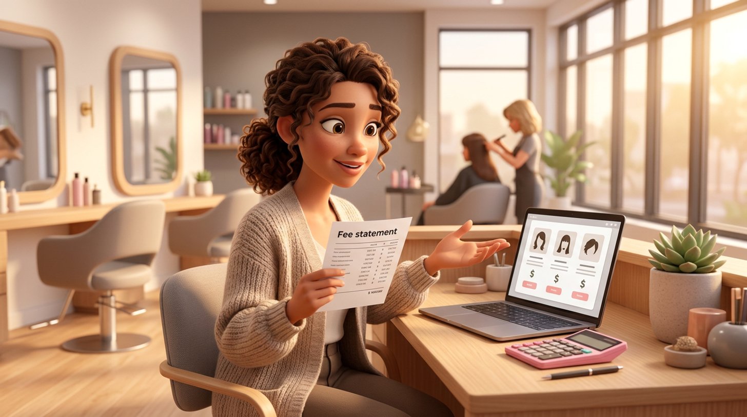 Illustration of an Australian hair salon owner at her reception desk comparing a printed fee statement with pricing pages on a laptop, sunlight streaming through the salon window