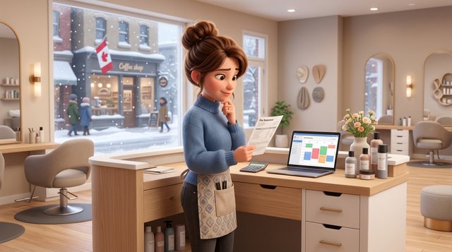 Illustration of a hair salon owner at her reception desk studying a printed fee statement beside a laptop and calculator, a snowy Canadian street visible through the window