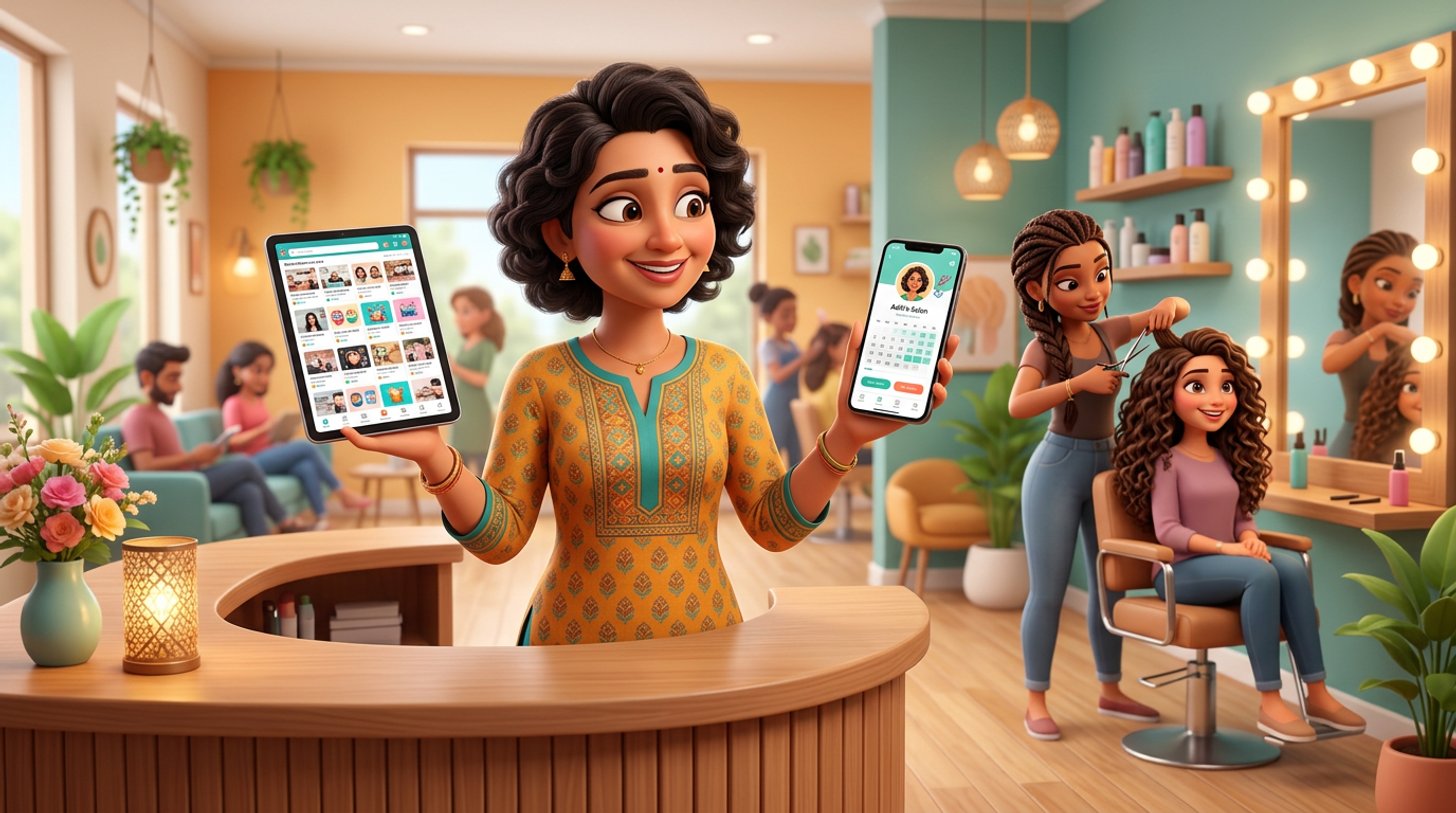 Illustration of an Indian hair salon owner at her reception desk weighing a tablet showing a crowded marketplace app against a phone showing her salon's own booking page, a stylist cutting hair behind her