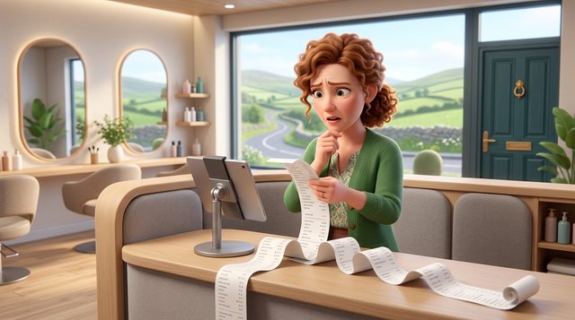 Illustration of an Irish hair salon owner at her reception desk puzzling over a long itemised receipt of small fees unrolling from a tablet, green hills and a Georgian door visible through the window