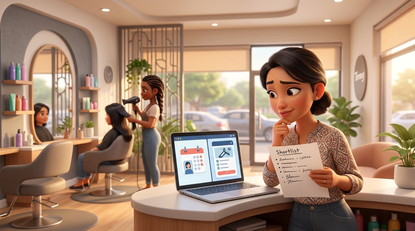 Illustration of a Malaysian hair salon owner at her front desk comparing booking apps on a laptop, a shortlist on paper beside her while a stylist works at a mirror behind