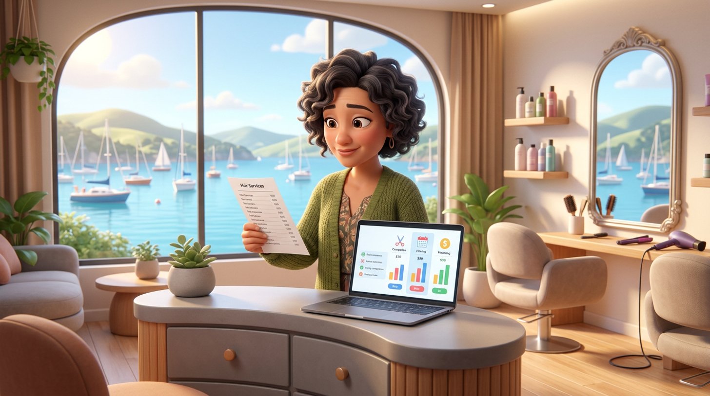Illustration of a New Zealand hair salon owner at her front desk weighing up software subscription pages on a laptop against a handwritten fee list, with a harbour view through the salon window