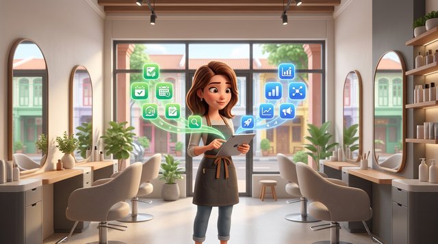 Illustration of a Singapore hair salon owner holding a tablet at a crossroads of floating booking app icons, two paths diverging in front of her modern salon interior