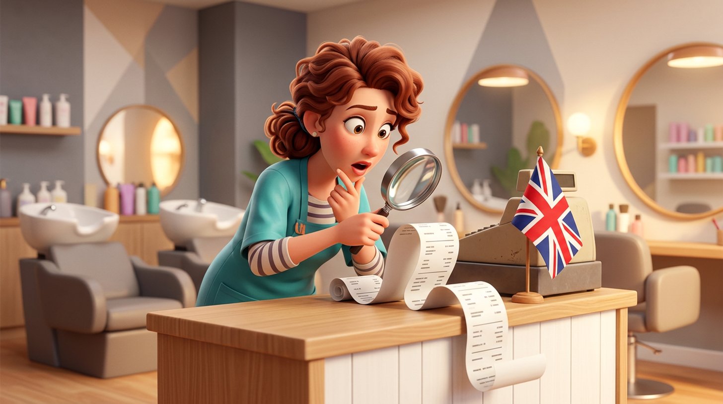 Illustration of a surprised hair salon owner examining a long itemised bill with a magnifying glass at her reception desk, a small Union Jack flag beside the till