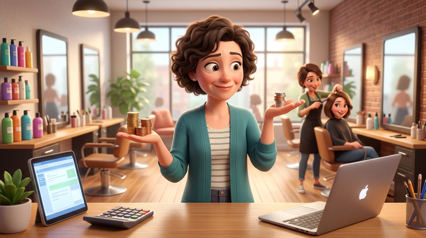 Illustration of a hair salon owner at her front desk comparing two stacks of coins in her hands like a balance scale, laptop and calculator beside her