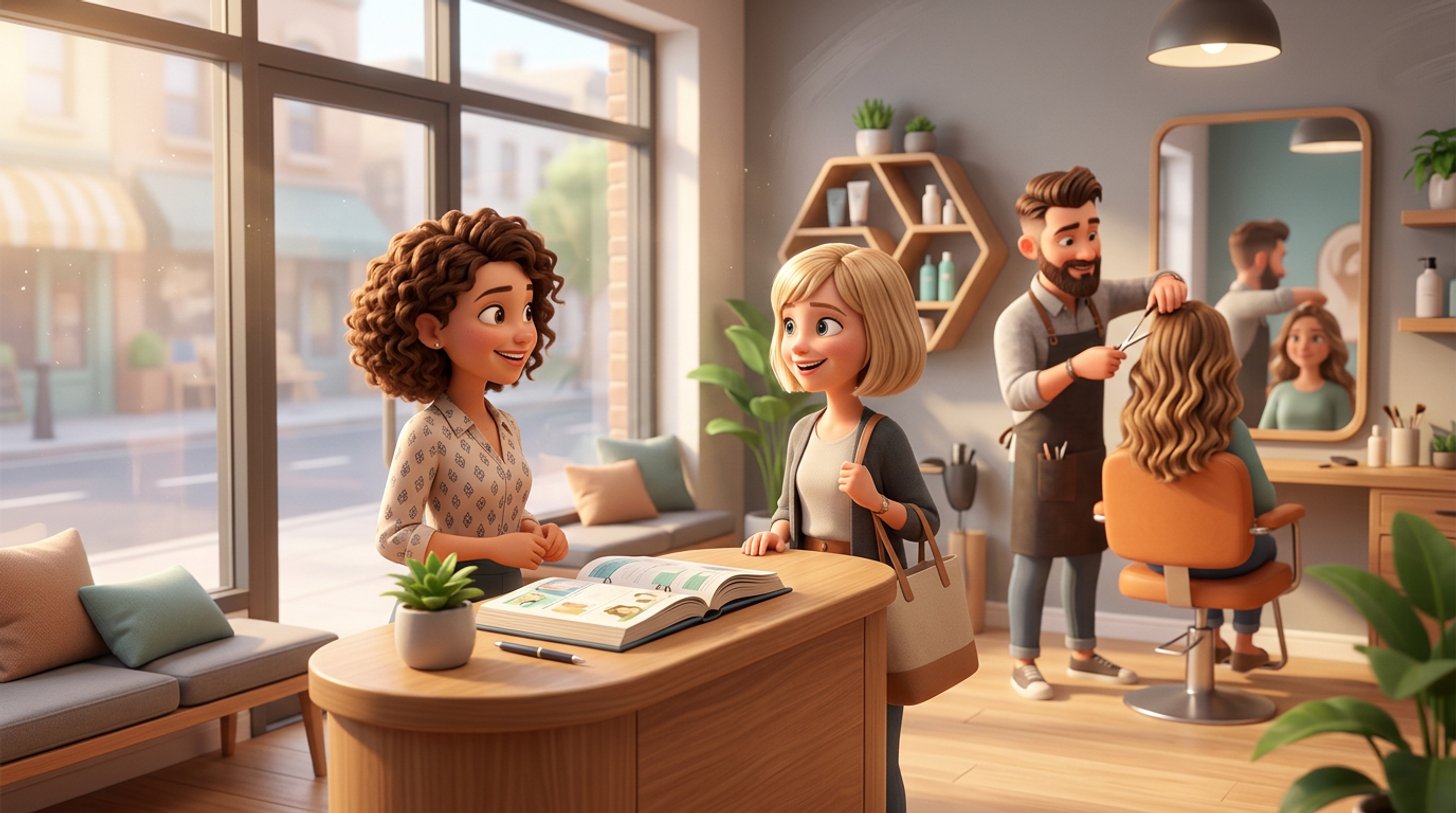 A salon receptionist at a tidy front desk welcomes a client while a stylist works at a chair behind her in a bright Australian hair salon