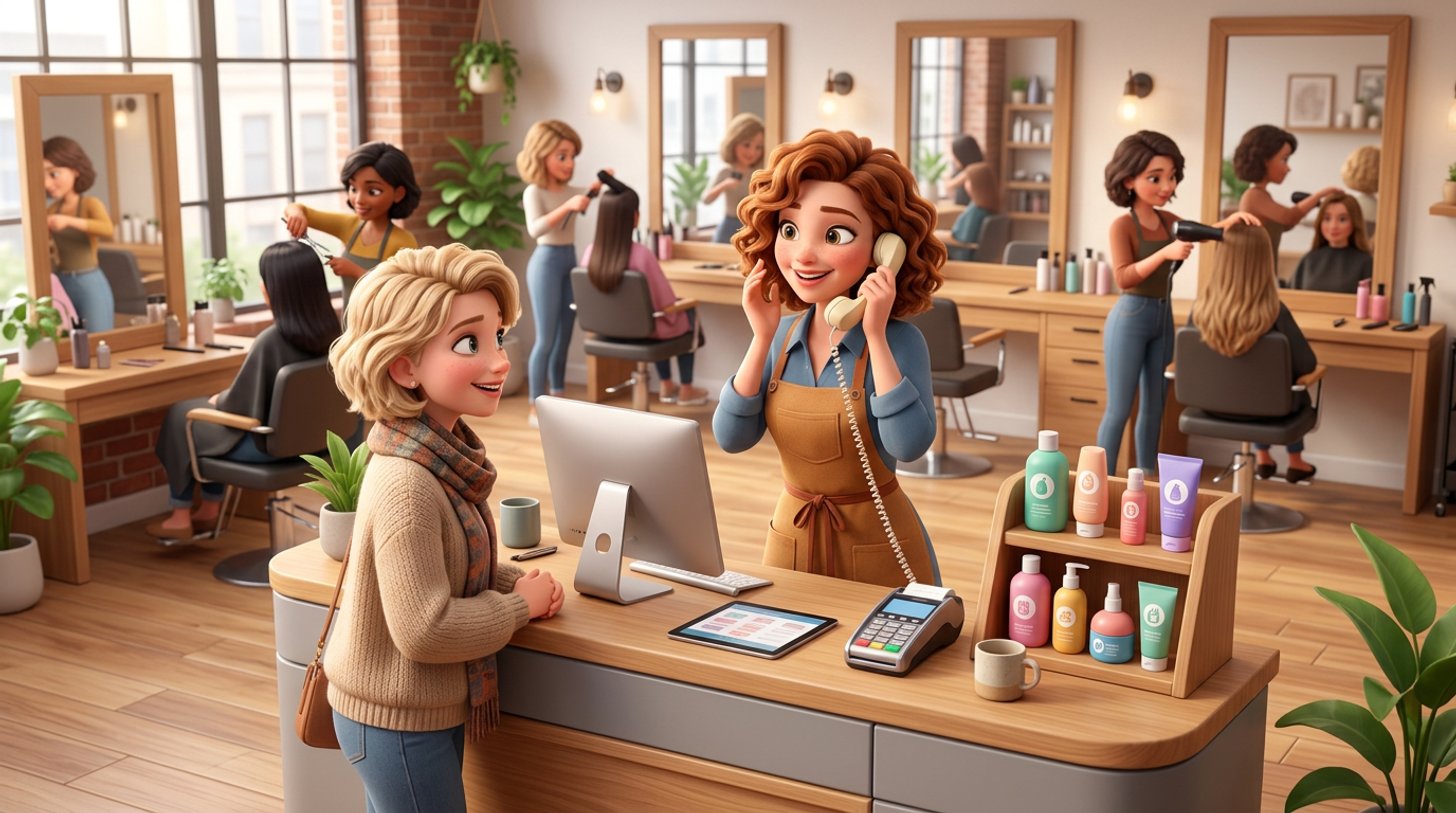 A salon receptionist answers the phone and greets a client at the front desk of a bright New Zealand hair salon, with a retail shelf beside the till and stylists working behind her