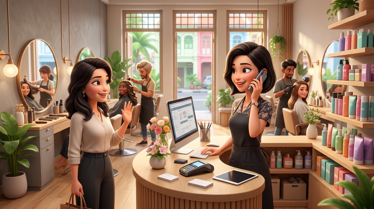A receptionist greets a client at the front desk of a bright Singapore hair salon, phone in hand, with a retail shelf beside the till and stylists working behind her