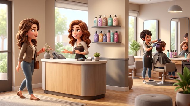 A friendly salon receptionist at a small front desk greets a client while a stylist works at a chair behind them in a bright American hair salon