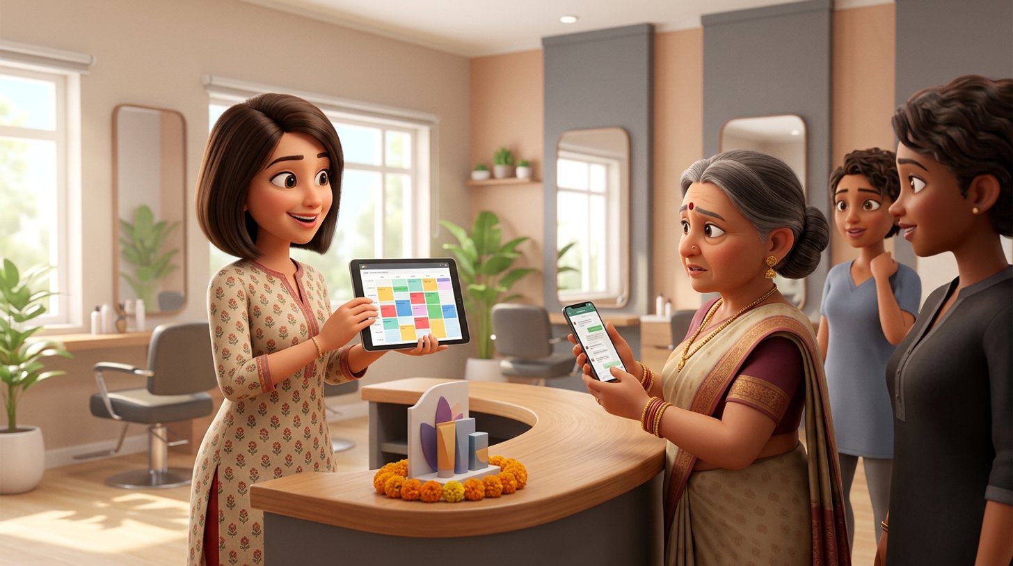 An Indian hair salon owner shows a colour-coded booking calendar on a tablet to three stylists at the reception counter, while a senior stylist holds her own phone with a chat thread open