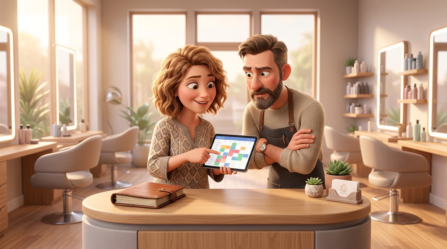 A salon owner and a sceptical senior stylist review a shared booking calendar on a tablet at the reception desk of a bright New Zealand hair salon, a closed paper appointment diary pushed aside on the counter