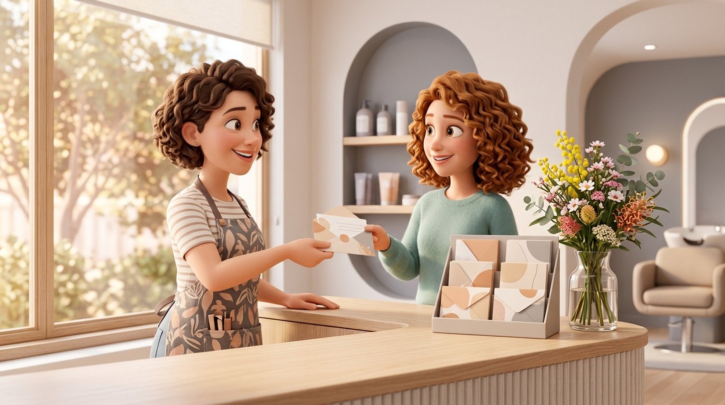 A hairdresser at a sunlit salon reception desk hands a client a numbered gift voucher in an envelope, beside a small display of wrapped vouchers and native flowers