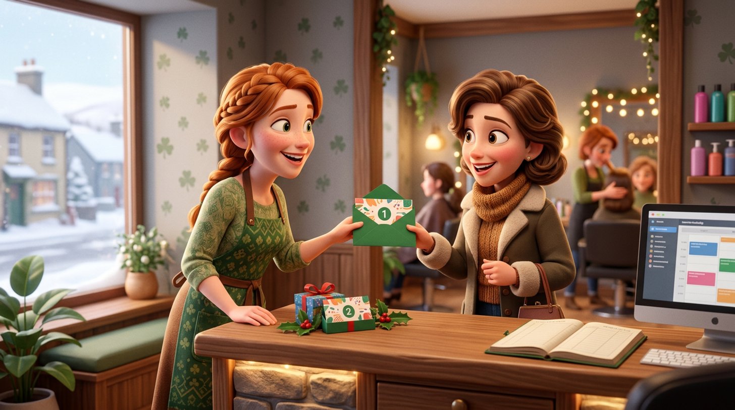 A hairdresser at a cosy Irish salon reception desk hands a client a numbered gift voucher in a green envelope, with a small festive display of wrapped vouchers beside the till