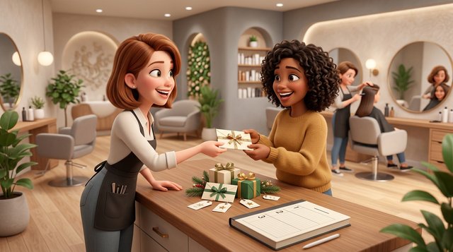 A smiling hairdresser at a salon reception desk hands a client a gift voucher in an envelope, next to a small festive display of wrapped vouchers