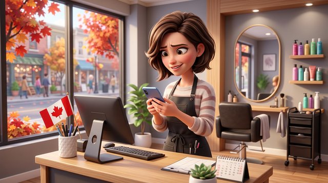 A Canadian hair stylist at her reception desk looks at a phone showing a booking app blocked at sign-up, a small Canadian flag by the till and autumn maples outside the window